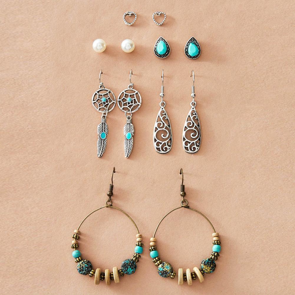 6 Pairs Of Earrings Alloy Creative Retro Style Feather Earrings Stud Set
