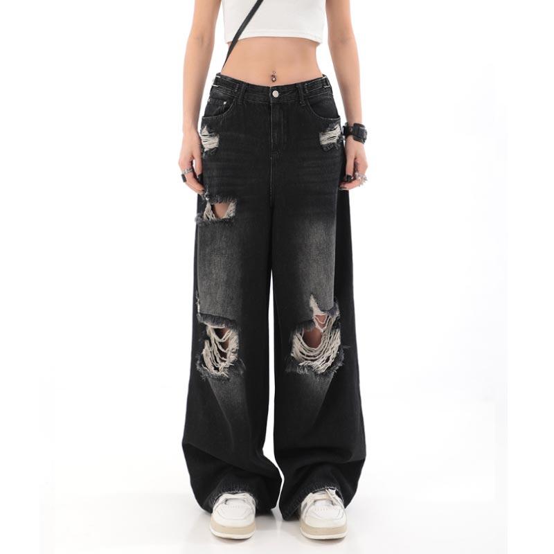 Women's Spring and Summer Broken Jeans Straight Loose Wide-leg Pants
