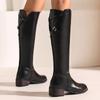 Fashion Vintage Knee High Boots Women Black PU Leather Low Heels Buckle Riding Boot Female Winter Shoes Ladies Large Size 48 Brand