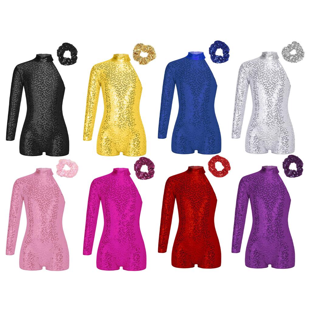 Girls Sparkly Sequin Gymnastics Leotard One Shoulder Long Sleeve Bodysuit with Hair Tie Jazz Dancewear