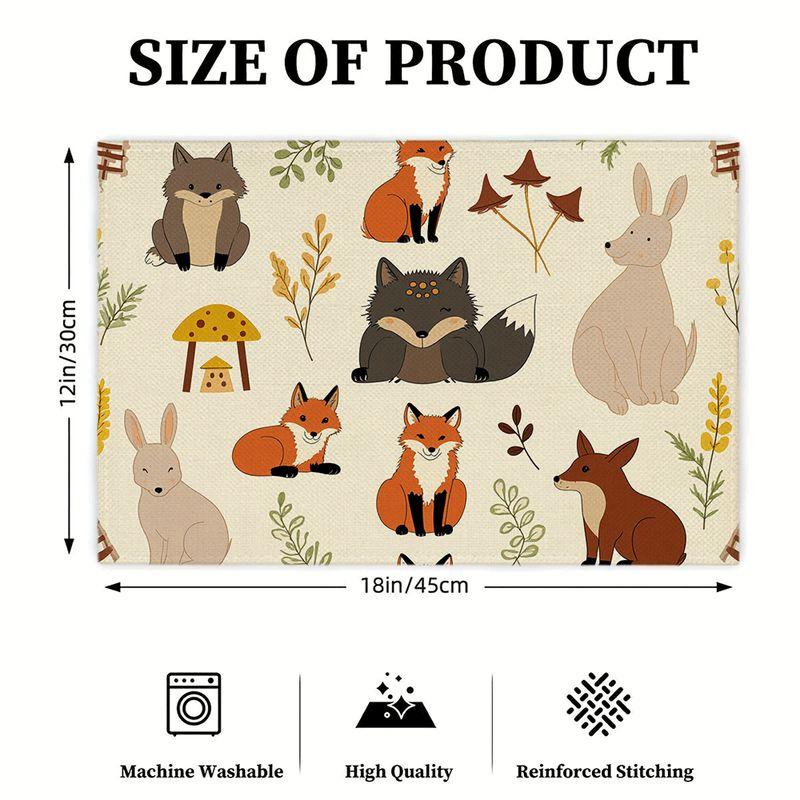 4/6pcs Rectangular Placemats - 18X12 Inches Cute Forest Animals Seamless Repeating Pattern Illustration 2D Element Design Easy-Clean Table Mat Durable
