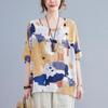 Large Size Loose T-shirt Casual Floral Print Bottom Blouse for Women Vintage O Neck Bat Sleeve Top for Womens