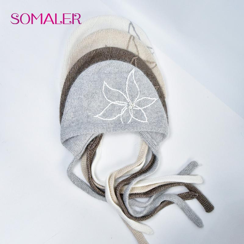SOMALER Женская осенне-зимняя вязаная шапка из ангоры и шерсти с ушками и завязками, вышивкой цветов, винтажная, теплая, бини