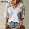 Women's T-shirt Summer Loose Casual V-neck Lace Hollow Five-point Sleeve T-shirt Women's Tops