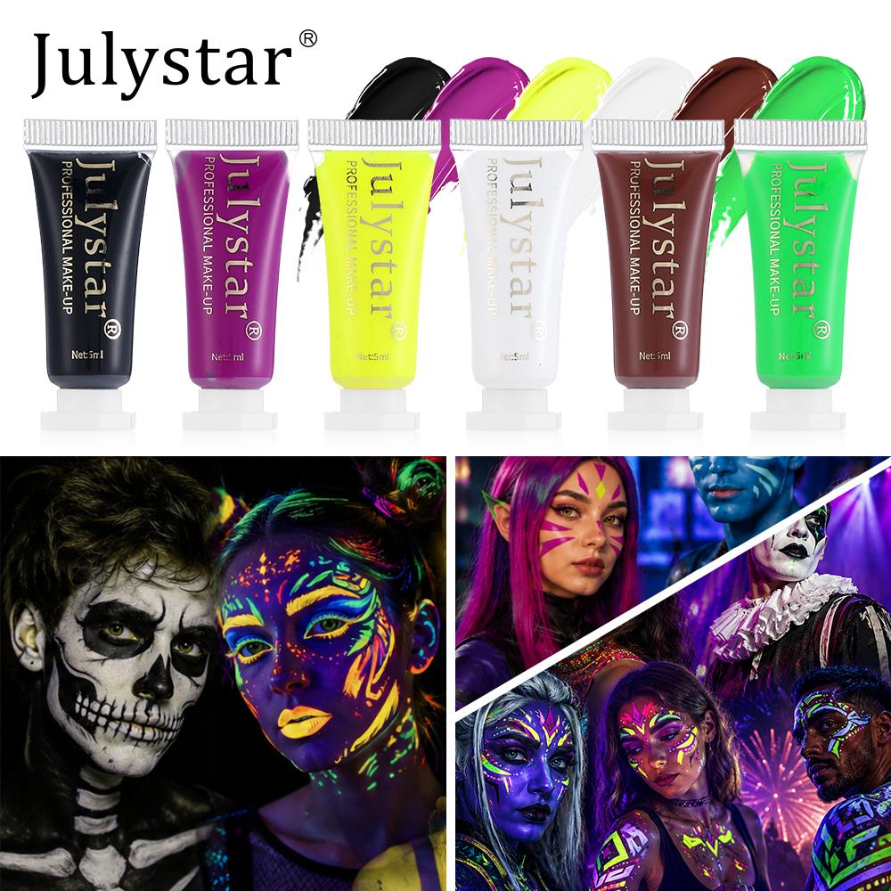 JULYSTAR Хэллоуинская кремовая краска для лица и тела, Светящаяся неоновая флуоресцентная косметика, Водостойкая стойкая косметика для косплея скелета, клоуна, фестиваля, рейва