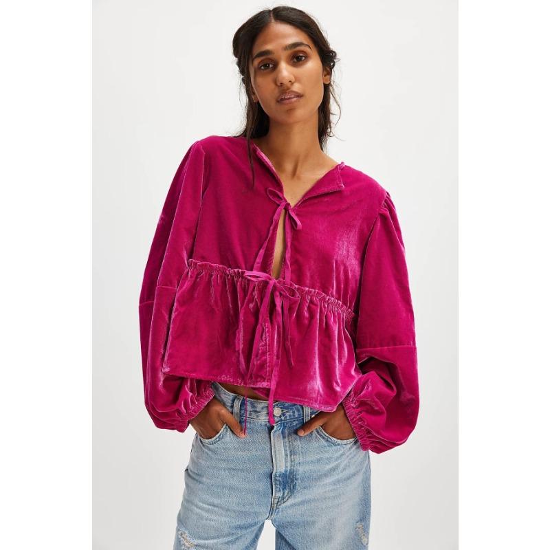 Женская бархатная рубашка Новая женская милая повседневная рубашка с галстуком