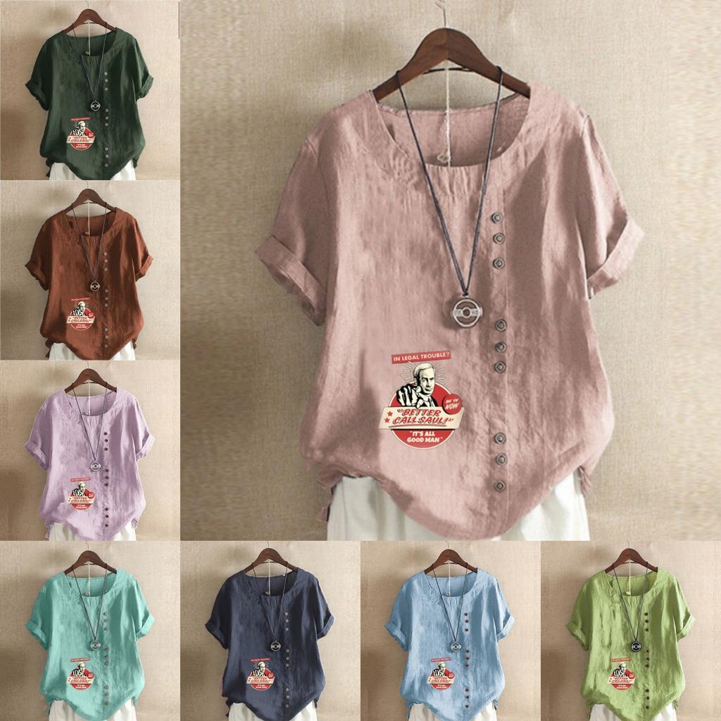 Women's Fashion Round Neck Short Sleeve T-shirt Casual Cotton Linen Graphic Shirt Pattern Prined Summer Blouse Tops Plus Size