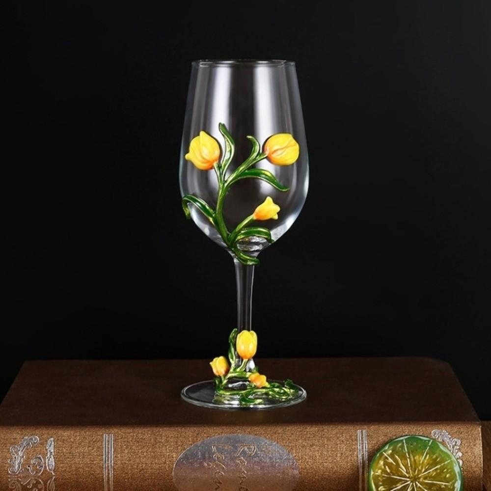350ML Tulip Flower Wine Glass Tulip Floral Embossed Cup Glassware Glass Goblet Christmas