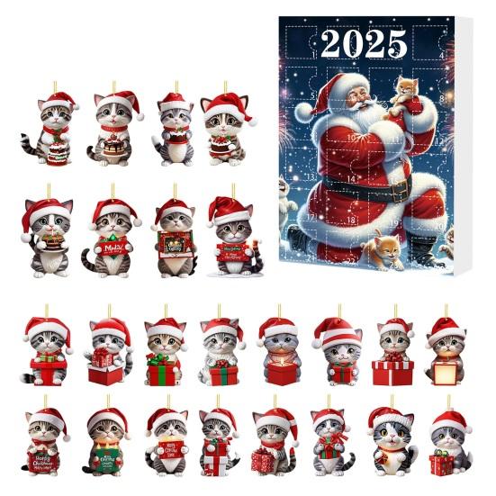 Cat Advent Calendars 2025 2D Acrylic Cute Cat Ornaments 24 Days Christmas Countdown Calendar Holiday Tree Hanging Decoration for Cat Lovers