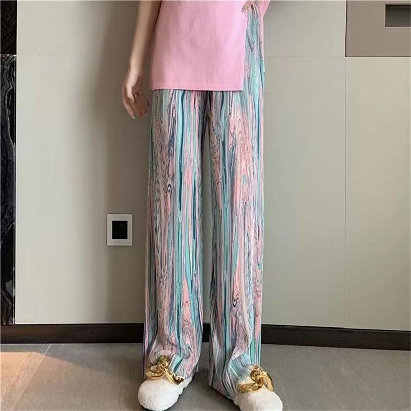 Широкие брюки в радужную полоску, женские летние свободные брюки с высокой талией, тонкие драпированные повседневные брюки с принтом тай-дай и радужным цветочным принтом