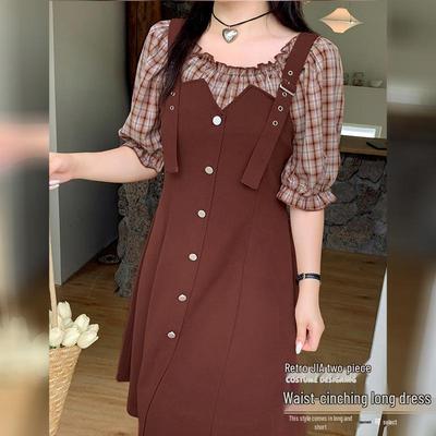 Двойной рай 2024 лето больших размеров ретро платье из двух частей с завышенной талией L239AB