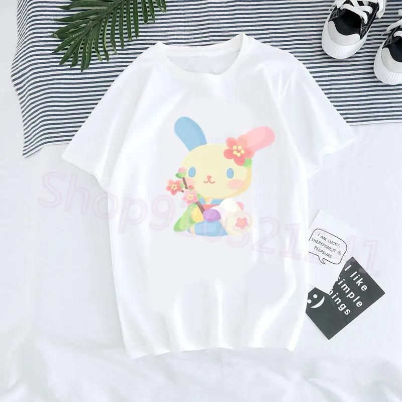Usahana Bunny Cartoon Graphic Cotton T-Shirt for Women Harajuku Kawaii Style Cute Funny Print Casual Short Sleeve Round Neck Top
