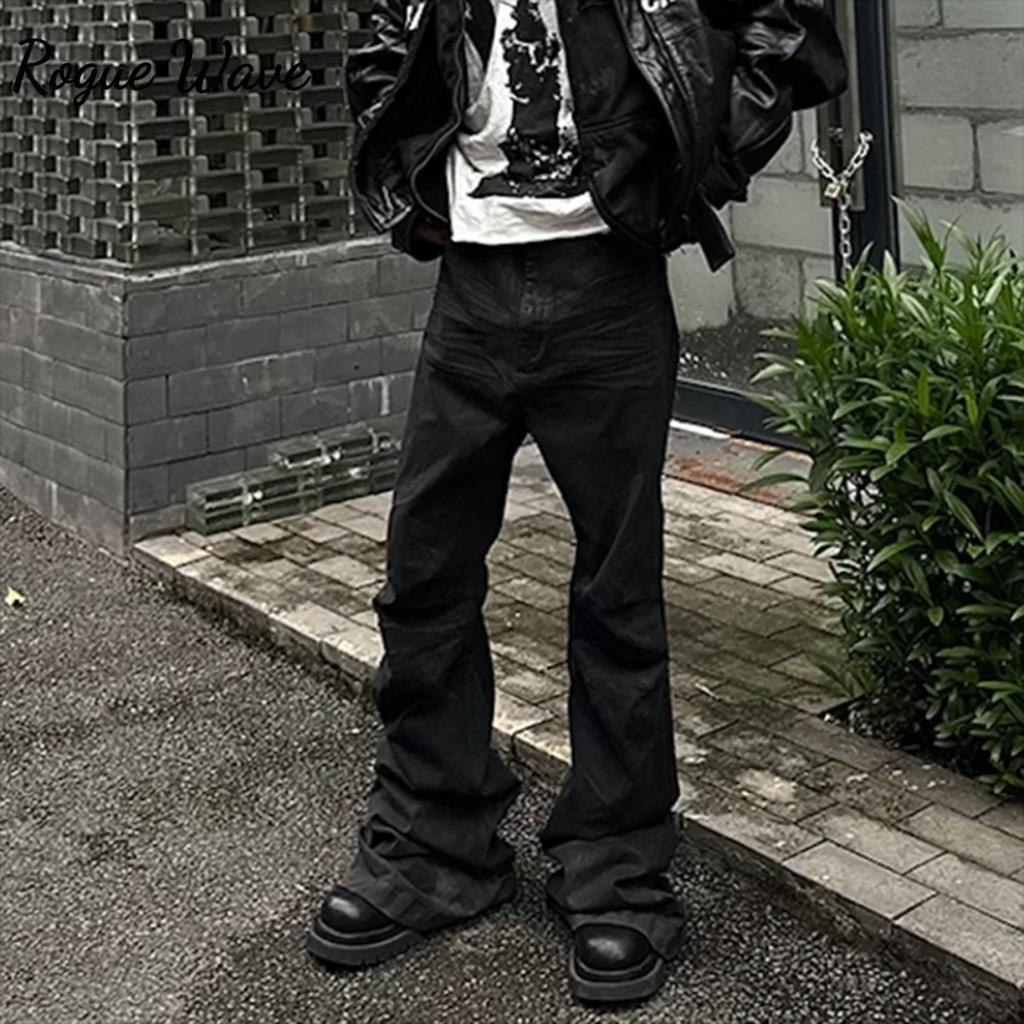 RogueWave Streetwear Черные джинсы буткат с клеевым покрытием для мужчин и женщин Прямые мешковатые повседневные расклешенные брюки Оверсайз Свободные джинсовые брюки