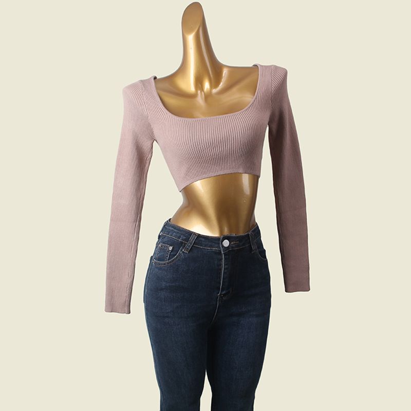 American Sexy Crop Top Sexy Base Shirt Low Round Neck Silm Early Autumn Inner Wear Pullover Short Knitwear