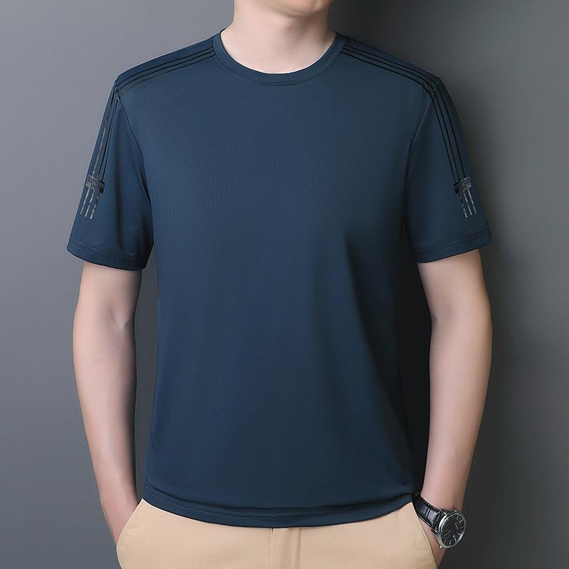 Летняя футболка с коротким рукавом, мужская, из шелка, с круглым вырезом, для бега, спортивная, быстросохнущая, повседневная, деловая, большого размера