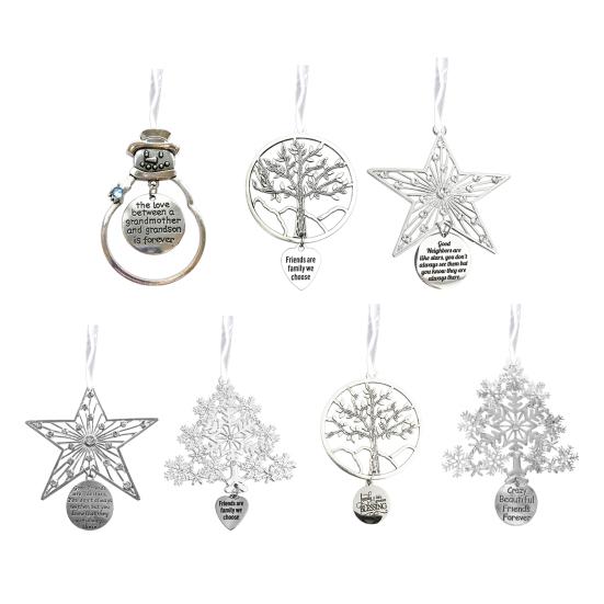 Christmas Friendship Charm Gift Metal Hanging Snowflake/Star/Round/Snowman Shaped Decoration with Blessing Inscription Love for Friend Family