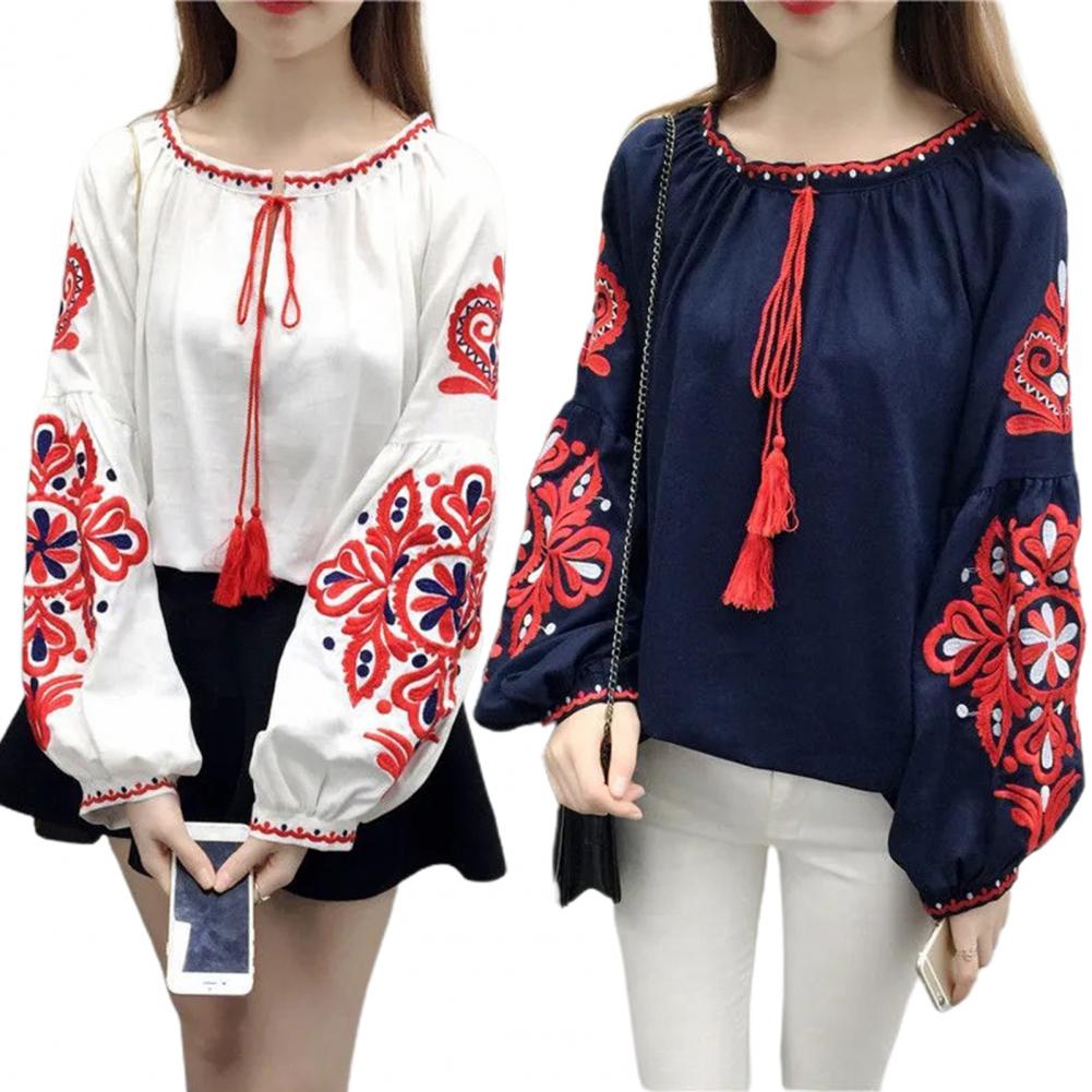 Summer Shirt Women Ethnic Style Embroidered Pattern Pullover Tops Round Neck Lantern Sleeve Loose Fit Blouse