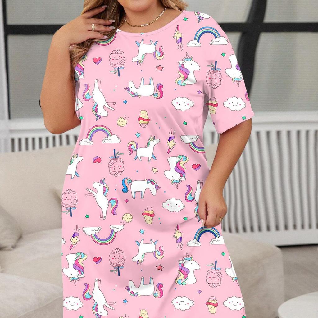 2025 Европейская и американская весенне-летняя ночная сорочка больших размеров с коротким рукавом, с принтом бабочки, сердца, леопарда