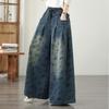 Plus Size Vintage Floral High Waist Casual Loose Women Spring Summer Autumn Jeans Denim Wide Leg Pants