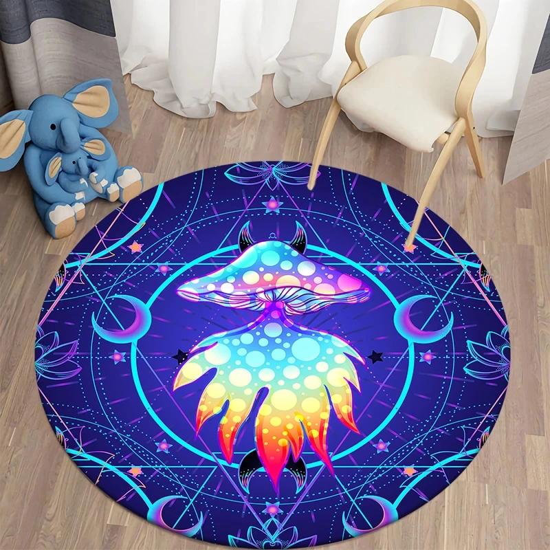 Psychedelic Mushroom Round Carpet Boho Mushrooms Area Rug for Home Living Room Children's Room Decor Non-slip Circle Floor Mat