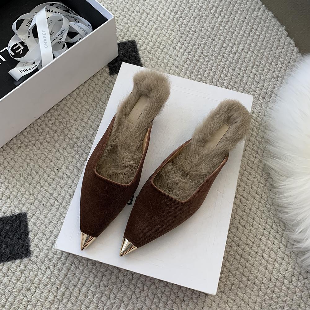 Fashion Flock Women Slides Slippers Pointed Toe Outside Slides Thin Low Heels Beige Brown Black 2024 New Arrivals Casual Dress Sheos 39