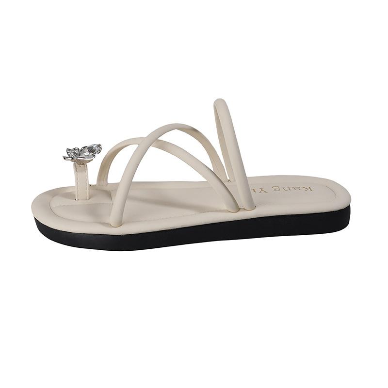 2025 Summer New Cool Slippers Outer Thick-soled Slippers Flat-bottomed French-style Beach One-word Set of Toe Rhinestone Cold Slippers