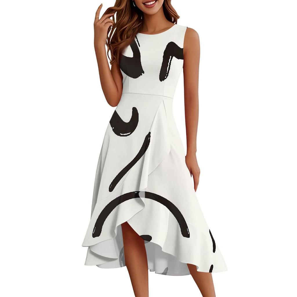 Женские модные повседневные платья без рукавов с круглым вырезом и принтом, элегантные, темпераментные, с оборками