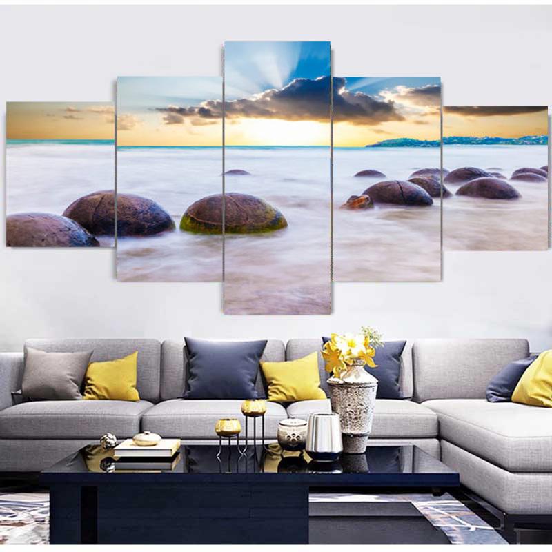 5 панелей Морской пейзаж Морской большой круглый камень Красочное небо Холст Картина Плакаты и принты Настенная картина Домашний декор без рамки