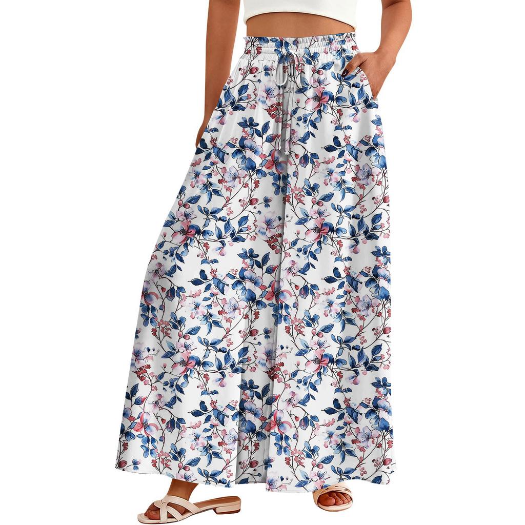 Women's Palazzo Pants Boho Floral Wide Leg Trousers Summer Beach High Waisted Flowy Pants With Pockets