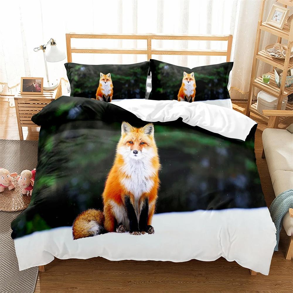 Fox Duvet Cover Collection Cartoon Cute Fox Polyester Comforter Cover King Queen Full Size For Kid Boy Girl Bedding Collection With Pillowcase