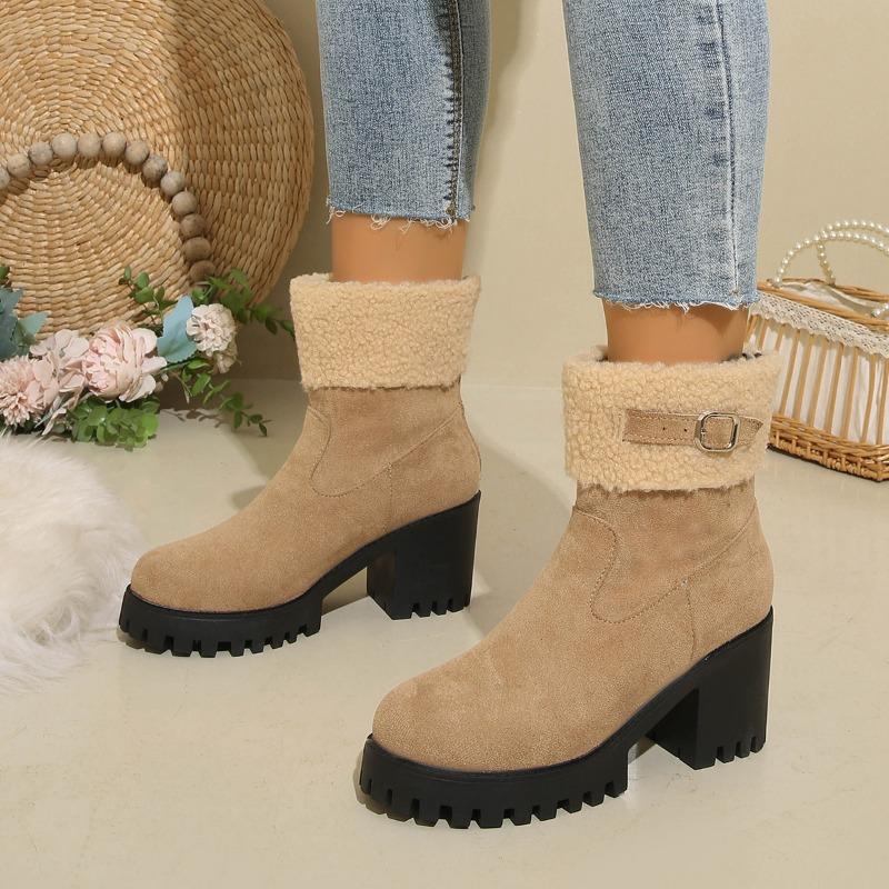 New Large-sized Women's Shoes with Belt Buckles, Thick Heels and Warm Flip-over Snow Boots