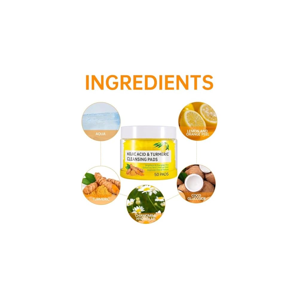 Turmeric Kojic Acid Cleansing Pads, 50Pcs Kojic Acid and Turmeric Cleansing Pads, Face Turmeric