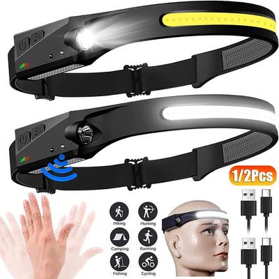 1 шт. перезаряжаемый налобный фонарь, светодиодный налобный фонарь с широким лучом 230° и датчиком движения, яркая фара, водонепроницаемый налобный фонарь, фонарик