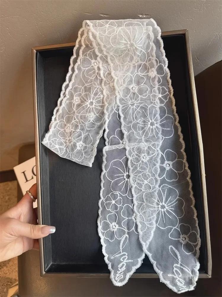 Винтажный белый кружевной платок для волос, летняя милая повязка на голову с бантом, элегантные ленточные шарфы для женщин, повязки для волос, длинный узкий шейный платок 130 см