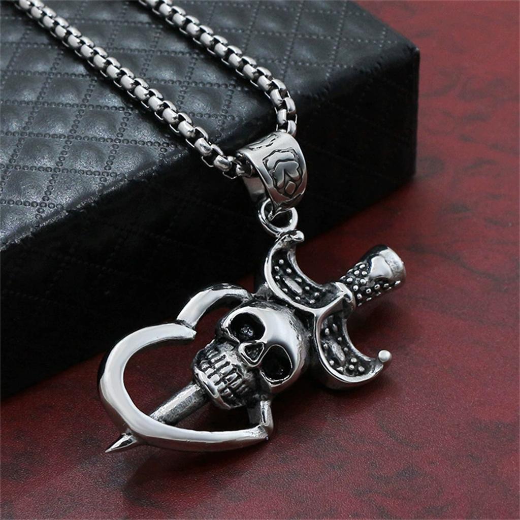 Santa Muerte Sword Heart Skull Stainless Steel Pendant Necklace Our Lady of Holy Death Mexican Grim Reaper Jewelry