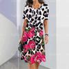 Women's Fashion Dress Round Neck Short Sleeve Elegant Knee Length Dress Flower Print Dress Summer Casual PartyFit Dress