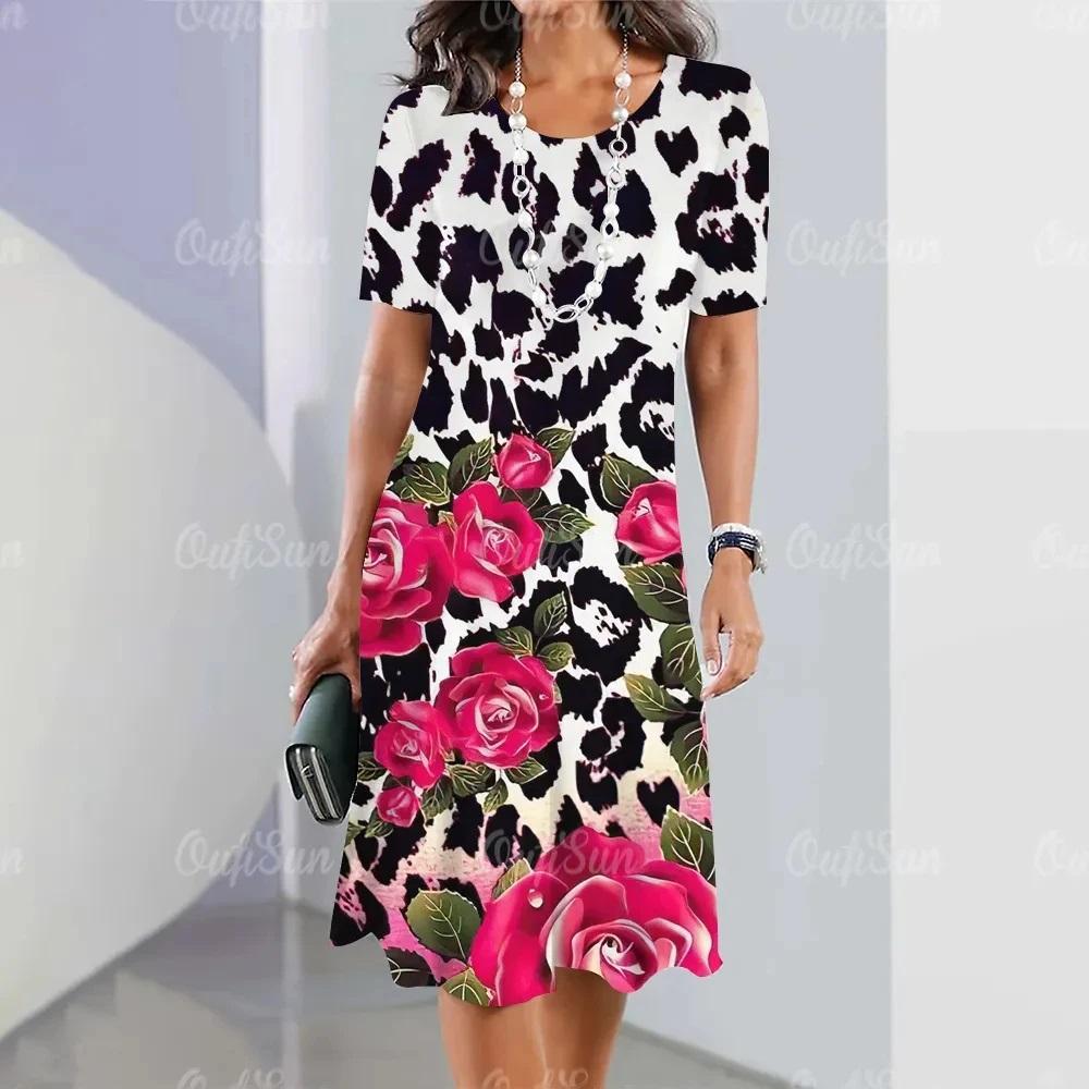 Women's Fashion Dress Round Neck Short Sleeve Elegant Knee Length Dress Flower Print Dress Summer Casual PartyFit Dress