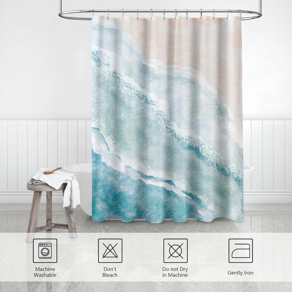 GAEBeach Ocean Themed Shower Curtain, Teal Blue Nautical Coastal Decor, Tropical Fabric Set with Hooks