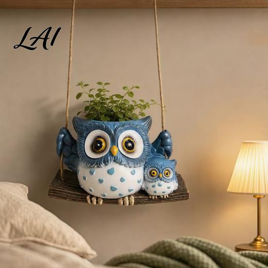 Hanging Flower Pot Decorative Owl Flowerpot Resin Swing Succulents Planter Cute Parent-child Garden Decor Planter with Hemp Rope for Indoor Outdoor