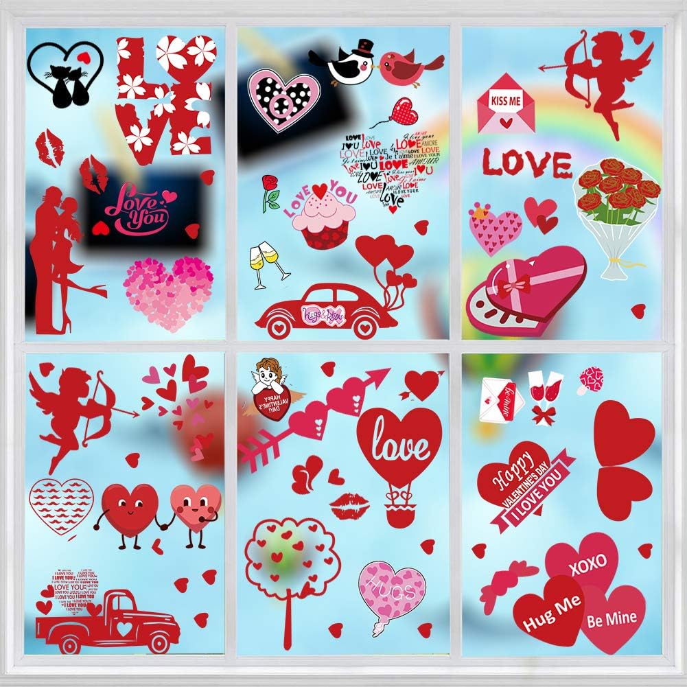 Valentine's Day Window Clings-80 Pieces Static Window Sticker Heart Decal Party Ornaments Supplies 8 Sheets Removable Window Sticker Decals for