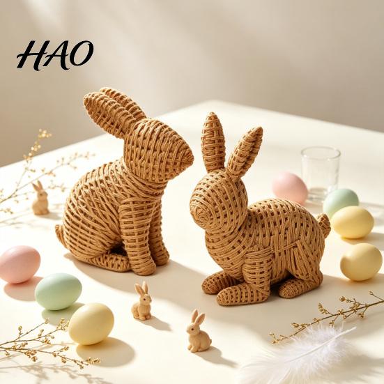 Tabletop Decorative Bunny 3D Printed Wicker?Look Figurine, Rattan Texture Rabbit Statue, Pastoral Style Statue Weather Resistant Ornament for Indoor