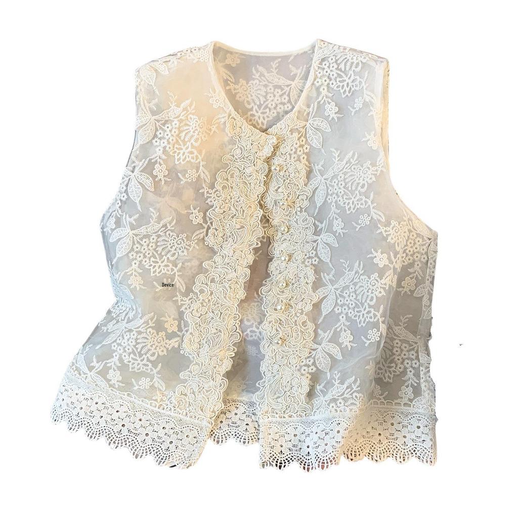Women's Summer Organza Vest: Embroidered Sequins, Pearl Buttons, Sleeveless National Style