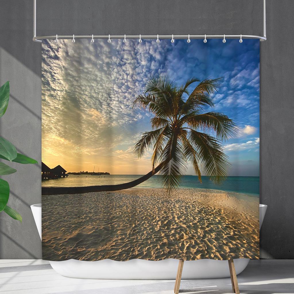 Shower Curtain Waterproof And Mildew-Proof Coconut Tree Beach Beach Bathroom Shower Curtain Shower Curtain Partition Curtain Free Punching