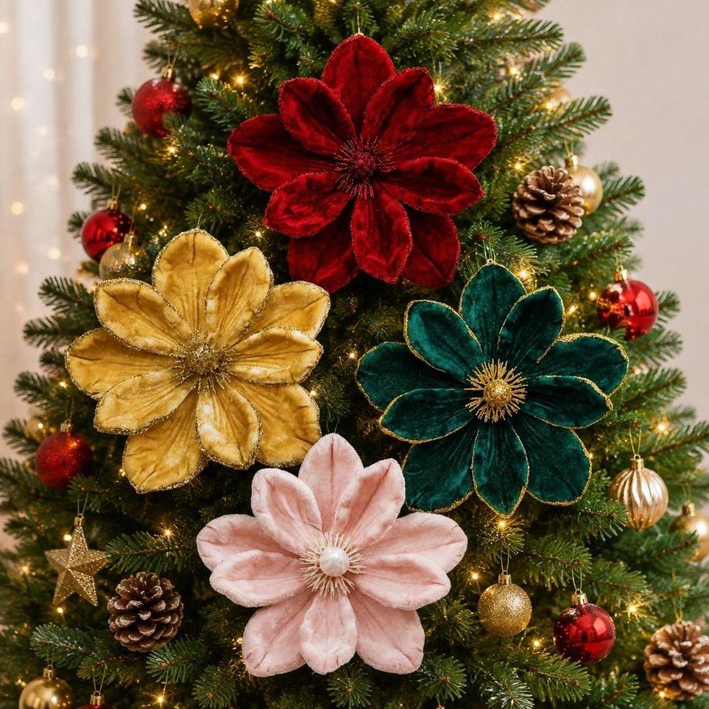 Sparkling Christmas Magnolia Flower Velvet Cloth Simulation Flowers New Year Ornaments