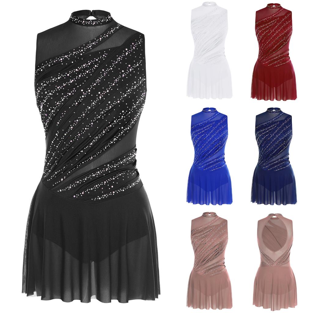 Womens Gymnastics Latin Figure Skating Ballet Leotard Costume Sleeveless Rhinestone Bodysuit Tango Chacha Performance Dancewear