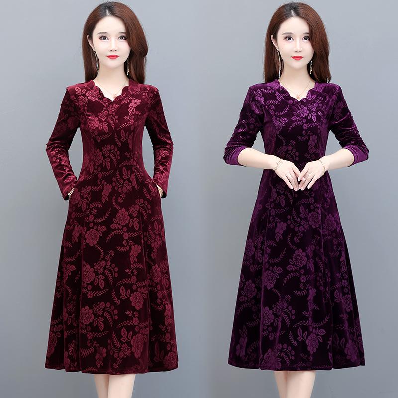 Осеннее бархатное платье для мамы больших размеров, тонкое платье средней длины с длинными рукавами для женщин среднего и пожилого возраста