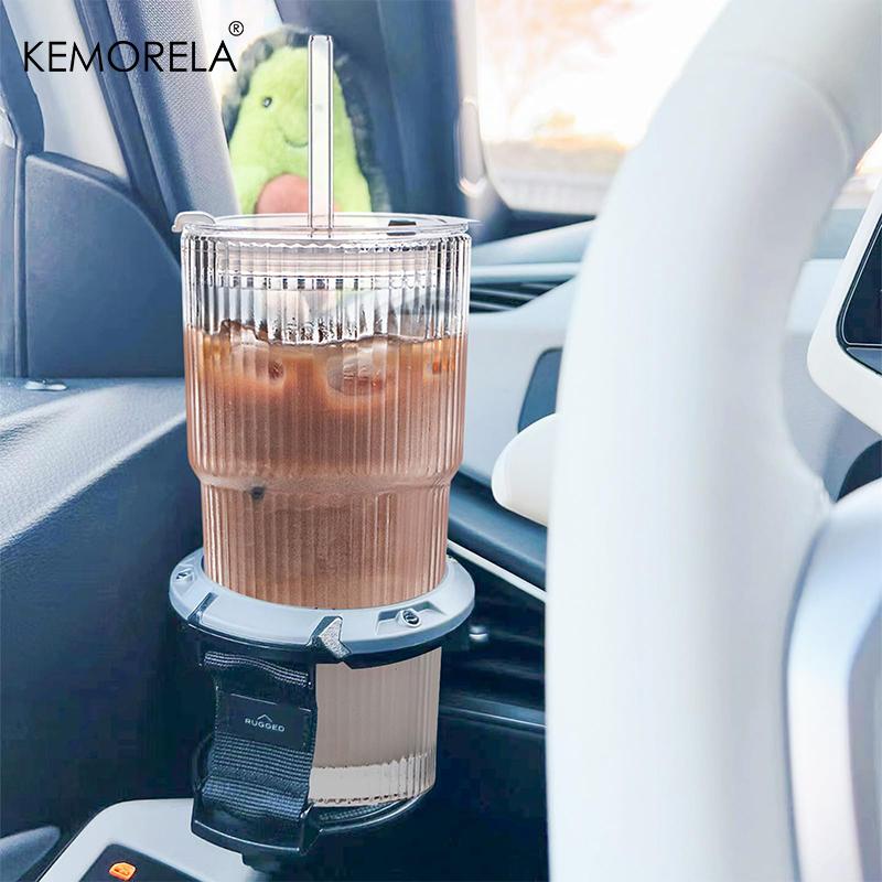 KEMORELA 20 oz Ribbed Glass Tumblers with Lids and Straws 2/4-Piece Glassware Set for Iced Coffee Smoothies Cocktails and Juices