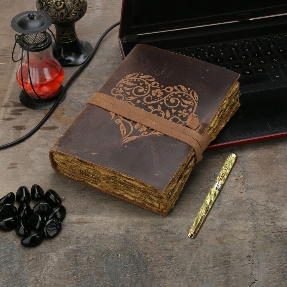 Vintage Leather Journal Book Of Shadow Grimoire Antique Deckle Paper Heart