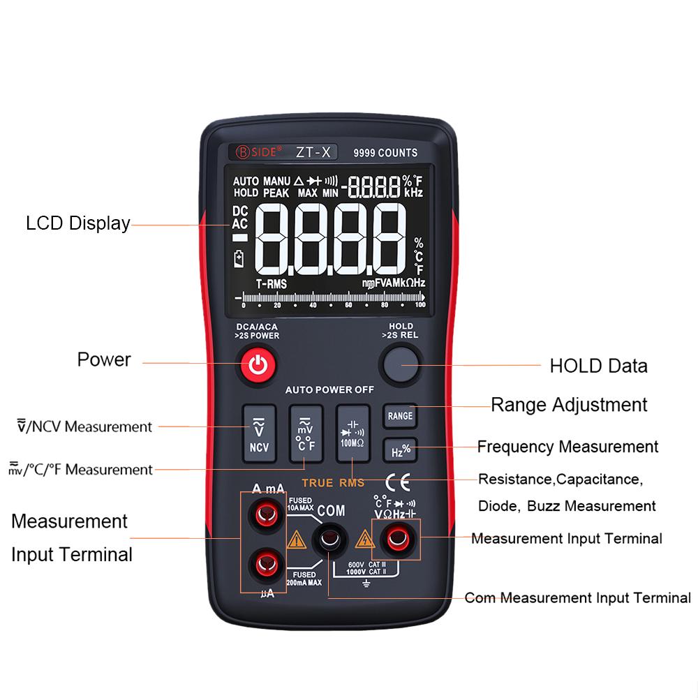 BSIDE Digital Multimeter True RMS Touch tone Handheld Multi Meter AC DC Voltmeter 9999 Counts with Analog Bar Graph and