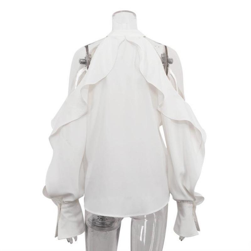 Сексуальная свободная белая женская рубашка Модная с круглым вырезом, с открытыми плечами, с длинным рукавом Элегантный классический топ с оборками Женская одежда